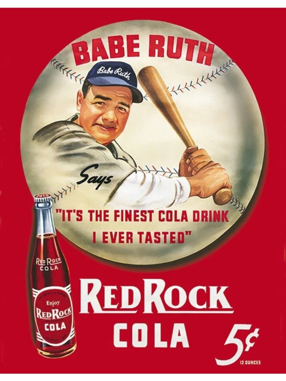 Babe Ruth Red Rock Cola Red/White/Brown Nostalgic Wall Décor Tin Sign 12x16